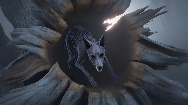 Dark fantasy illustration of a fox mummified inside a tree trunk