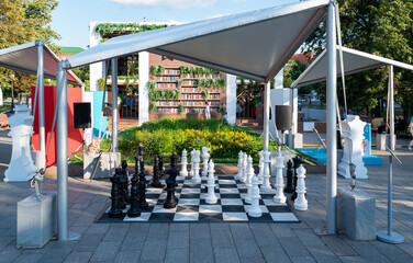 chess board with chess pieces on the park floor in summer