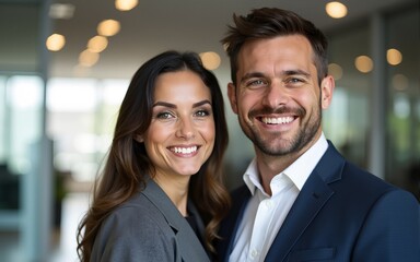 The smile man and woman stand on the background of the office center. High quality