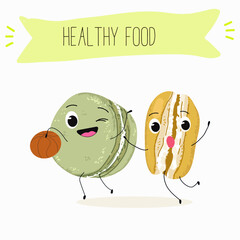  Macarons funny characters, hand drawn vector illustration.