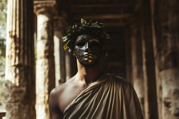 Actor portraying an ancient greek character wearing a laurel wreath and a theatrical mask, posing in the ruins of an ancient building, playing a dramatic scene