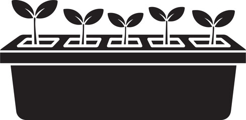 Iconic black silhouette of five small plant sprouts growing in a rectangular seedling tray.