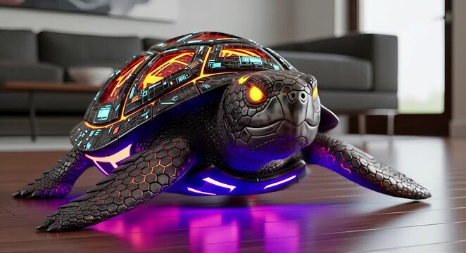 Futuristic glowing turtle glides across modern floor, a symbol of technological advancement and serene power, blending nature with innovation seamlessly