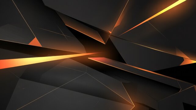 Abstract dark geometric shapes with fiery orange and yellow light streaks and glow effects creating dynamic motion illustration - Powered by Adobe