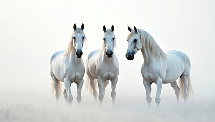 Obraz premium Three white horses stand calmly in misty field creating elegant equine portrait. Majestic animals exude grace and power within this serene landscape. They represent freedom nobility and strength.