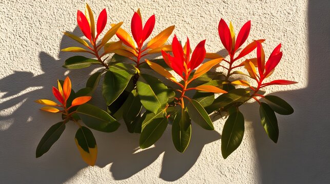Bright red photinia fraseri foliage on wall, plant with green leaves, colorful