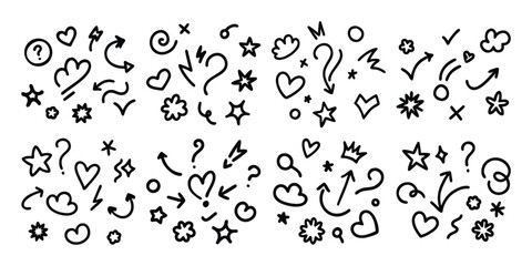Collection of hand drawn doodle icons featuring hearts stars arrows and question marks