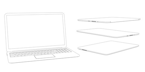 Laptop mockup with sleek finish and black keyboard, illuminated screen and contour line drawing. The laptop is isolated on a white background.