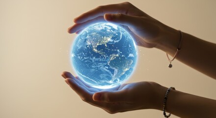 Hands Holding Holographic Globe in Dark Space