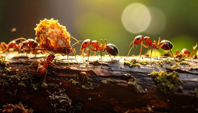 Close-up of ants working together to carry a load
