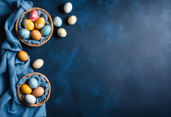 Easter painted eggs on dark blue background.