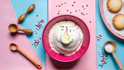 Bakery and pastel colored ingredients for decoration on table. Sweet pastry baking concept.