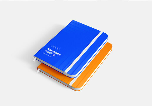 Two Stacked Hardcover Notebook PSD Mockup with Elastic Band