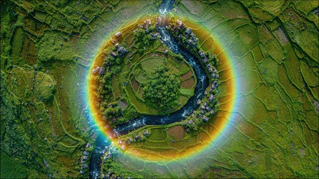 Rainbow halos and luminous arcs encircle the sun above the mountains, creating a rare optical display of vivid atmospheric color.