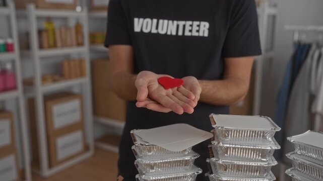 Hispanic man holding red heart symbol while smiling at camera in volunteer room surrounded by stacks of food trays exemplifying kindness and community support