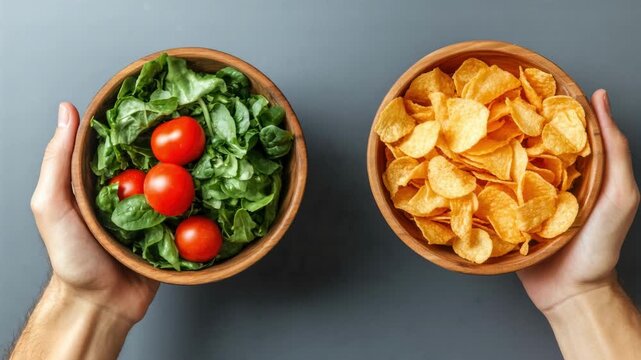 Deciding between healthy salad and unhealthy chips in a kitchen setting with fresh ingredients displayed on the table