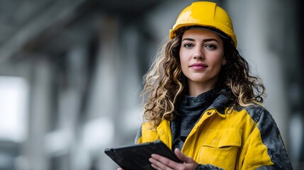 A female engineer in safety gear holding a digital tablet on a construction site