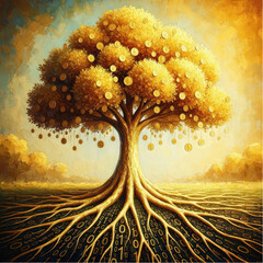 Sustainable wealth as a golden tree with binary code roots and coin-filled branches, merging eco-friendly wealth and cryptocurrency growth.eps