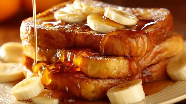 A stack of golden-brown French toast slices topped with bananas and syrup. Dripping honey