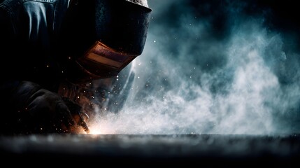 A welder wearing a protective helmet and gloves is intensely working on metal creating bright orange sparks and white smoke in a dark industrial