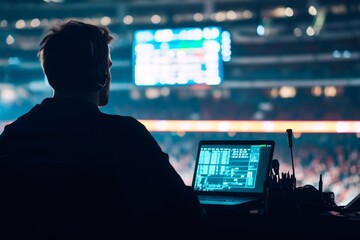 Sports journalist using laptop and microphone while watching game in busy press box at stadium