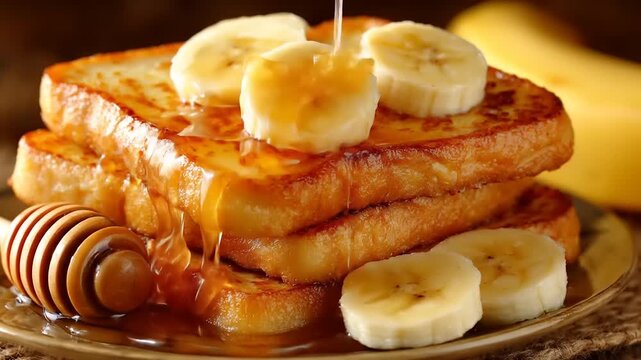Golden-brown French toast drizzled with syrup and topped with banana slices. A delicious breakfast