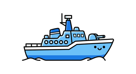 Obraz premium Adorable cartoon illustration of a small warship with a friendly smile and bright color scheme
