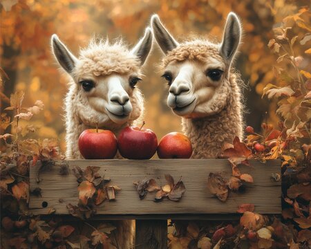 two llamas sharing apples beneath a rustic wooden sign, warm muted autumn palette