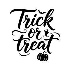 The halloween themed vector illustration shows a calligraphy design of 'trick or treat' with a bat, ghost and pumpkin on a white background.