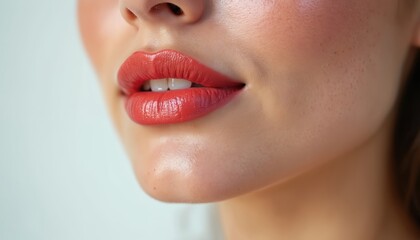 Obraz premium Close up photo of female lips wearing red lipstick. Face of a young woman with perfect skin and makeup. Beauty concept. Cosmetic product. White background. Lips and face.