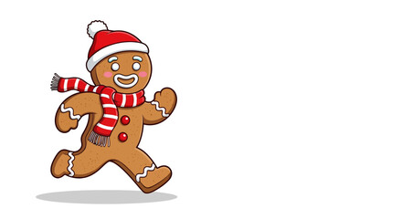 Animated gingerbread man running with festive attire against a white backdrop illustration