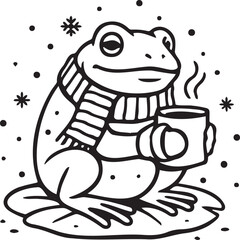 vector illustration of a cartoon winter frog with hot cocoa