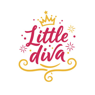 Illustration depicts a stylized lettering design with the words little diva in pink and a golden crown on top of the inscription.