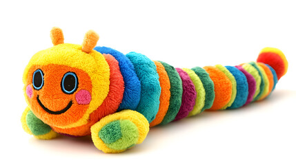 Caterpillar Plush Toy Colorful Smiling Stuffed Animal Worm Soft Plaything Bright Yellow Orange Blue Green Pink Purple Colors Isolated on White Background Happy Kids Toy for Children