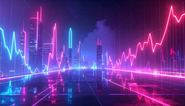 Conceptual representation of the digital economy with glowing financial graphs and data streams over a futuristic urban landscape - Powered by Adobe