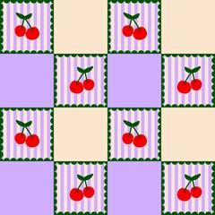 Cute Cherry Checkered Seamless Pattern, Retro Aesthetic Fruit Design Background