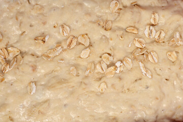 A close-up captures the textured surface of raw bread dough dotted with rolled oats before baking