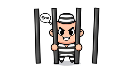 Cartoonish convict imagining escape behind bars with a key thought bubble graphic illustration