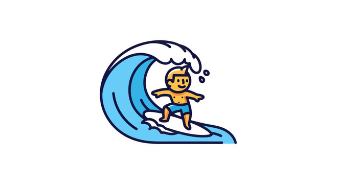 Cartoon surfer conquering a vibrant blue wave on a sunny day stylized character