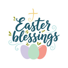 This vector illustration shows stylized Easter greeting typography, pastel eggs, and a light yellow cross on a white background.