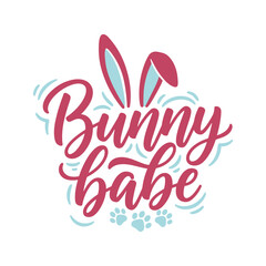 The illustration features a playful design with the words 'Bunny babe', bunny ears, and paw prints in a cute, cartoon style.