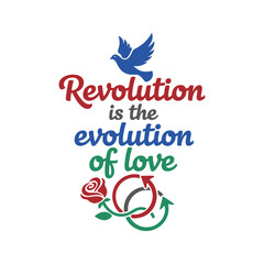 This illustrative design shows a phrase in different colors, with a dove above it and entwined roses and cycle arrows below.