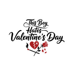 This vector graphic shows a lettering design with a broken heart, a rose, and a match representing anti-valentines sentiments.