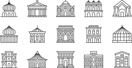 Fototapeta premium Collection of diverse architectural structures in minimalist line art style