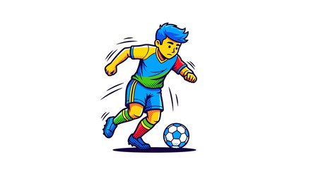 Naklejka premium Colorful cartoon illustration of a boy playing soccer with dynamic movement effect near ball