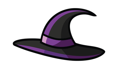 A classic black witch hat with a purple ribbon accent