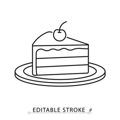 A slice of cake icon in a minimalist line style with editable stroke. Sweet dessert, birthday party food, bakery pastry, delicious confectionery, celebration piece with cherry.