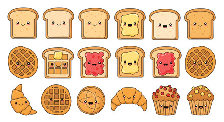 Delightful breakfast treats vector illustration featuring kawaii toast waffles and pastries