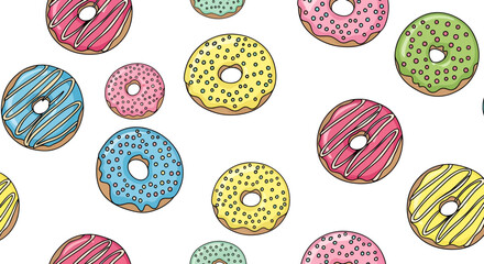 Delightful array of colorful donuts in a whimsical pattern perfect for backgrounds