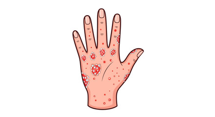 Detailed illustration of a human hand afflicted with skin rash and spots showing symptoms
